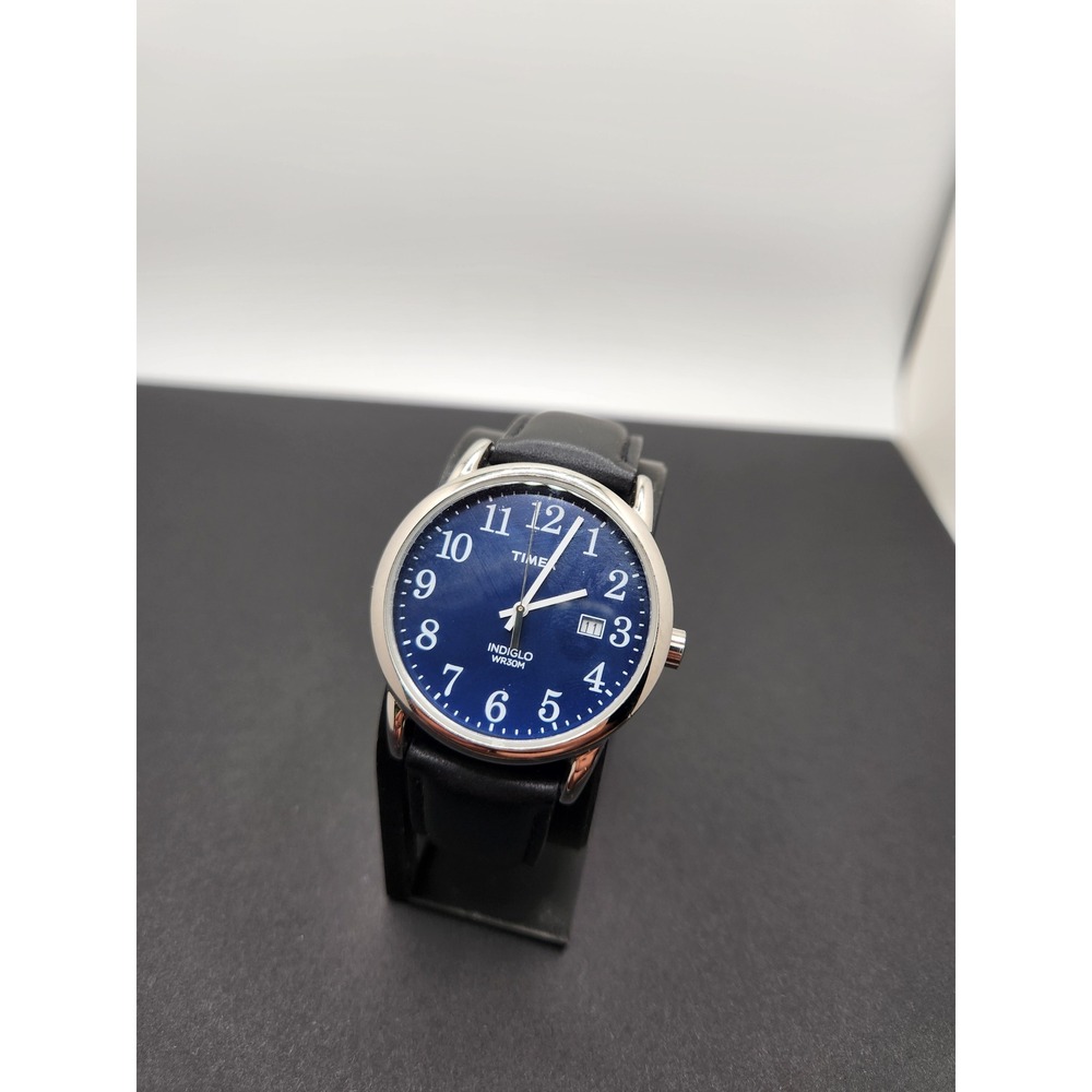 Timex Indiglo WR30M Mens Watch Blue Dial Date Black Leather Strap TW2V26600